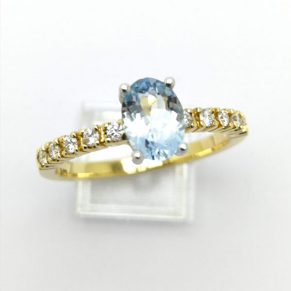 anillo oro amarillo aguamarina y diamantes